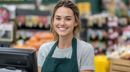 Smiling young female cashier at grocery store checkout counter with fresh produce in the background, showcasing excellent customer service and friendly atmosphere