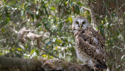 Fototapeta premium A majestic Eagle Owl (Bubo africanus) calmly perches in a lush garden, observing the photographer and watching squirrels play among the branches