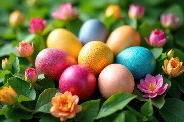 Whimsical Easter Egg Hunt in a Secret Garden A close up, highly detailed shot of vibrantly colored and intricately patterned Easter eggs artfully hidden amongst lush green foliage and blooming spring