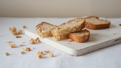Freshly sliced toast with crust on a white wooden surface; bread crumbs being made