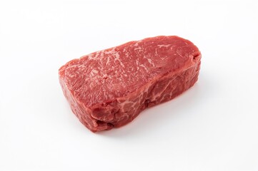 Piece of frozen beef steak on a white backdrop
