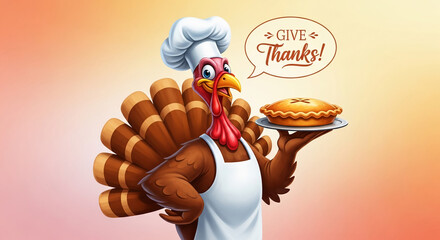 Cartoon turkey chef in hat holds pie on tray, speech bubble says "Give Thanks!" Thanksgiving, gratitude, autumn, festive food imagery