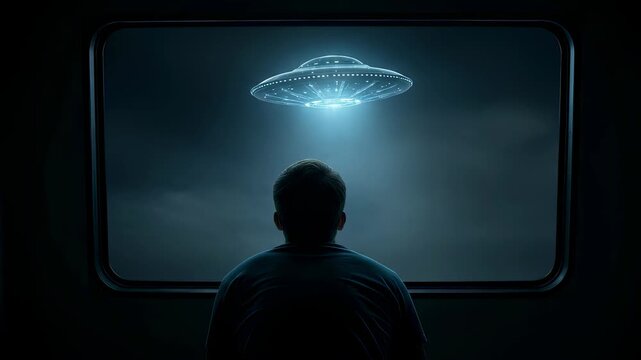 Young man watches a futuristic flying saucer on a large screen or window. Science fiction and alien invasion concept footage.