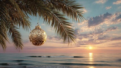 Golden Christmas ornament hanging on tropical palm branch at sunset beach with ocean waves and festive atmosphere - Powered by Adobe