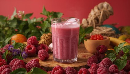 Raspberry smoothie in a glass surrounded by fresh berries on a wooden surface with green leaves, perfect for a summer breakfast