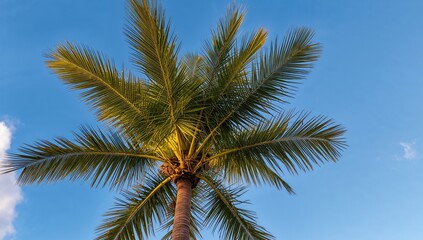Fototapeta premium View from beneath a coconut palm canopy under a bright blue sky