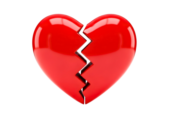 Glossy red broken heart isolated on transparent background