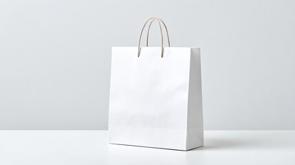 White paper shopping bag with brown rope handles placed on white table against light wall background