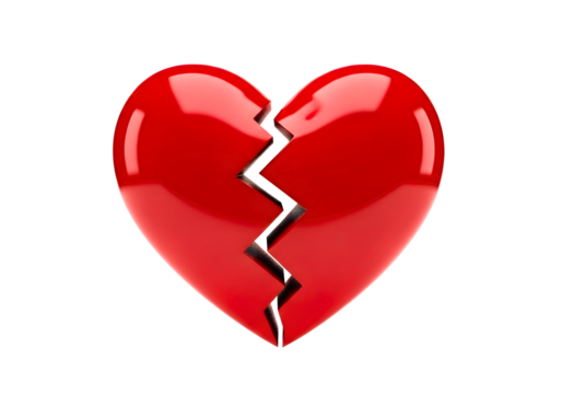 Glossy red broken heart isolated on transparent background
