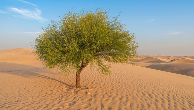 Fototapeta Desert sand dunes featuring drought-tolerant Ghaf trees (Prosopis cineraria) thriving in arid regions.