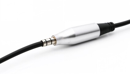 Detailed view of a metallic headphone connector with a dark wire on a plain white surface