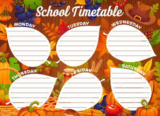 School education timetable schedule with autumn fall season leaves and Thanksgiving harvest on wooden background. Educational kids time table template for lessons and classes, weekly planner frame