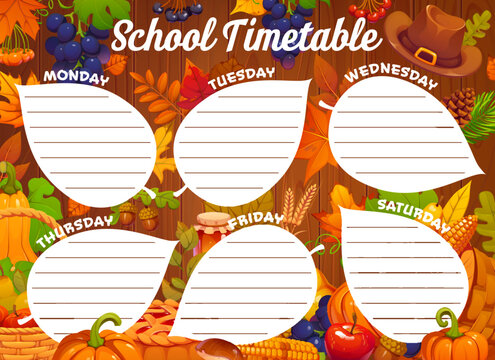 School education timetable schedule with autumn fall season leaves and Thanksgiving harvest on wooden background. Educational kids time table template for lessons and classes, weekly planner frame