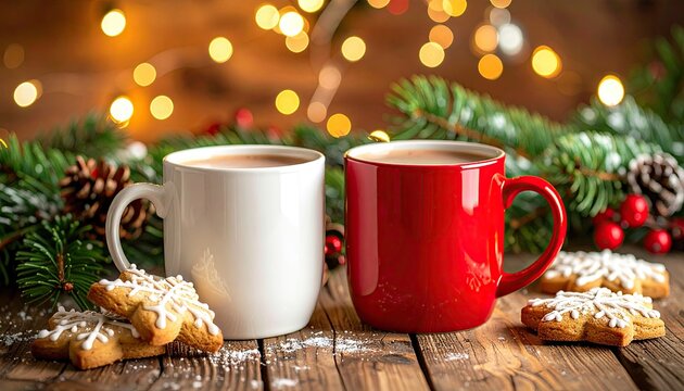 Two cups of hot cocoa, with cookies & holiday decor on wood planks for winter ads