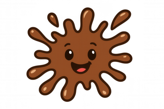 Chocolate splash cartoon character with happy smiling face, sweet delicious liquid splat, transparent background