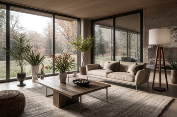 Contemporary Lounge Area Showcasing Organic Elements with Chic and Sophisticated Furnishings