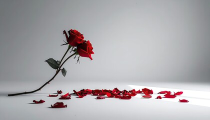 Two roses lean, petals scattered. White background. Use as love, death concept