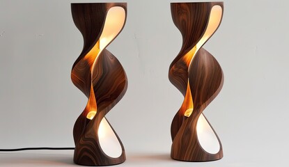 Two Wooden Lamps Twisting, Glow, Light in Ambient Room, Home Decor, Interior Design