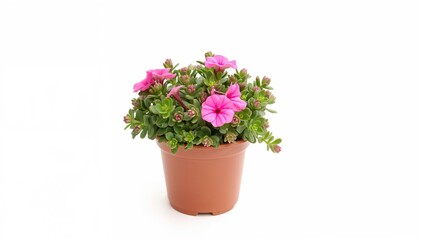 Obraz premium Charming tiny pink kalanchoe succulents blooming in a brown plastic container on a white backdrop with clipping path.