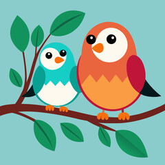 Obraz premium Vector art of two cute birds on a branch with leaves