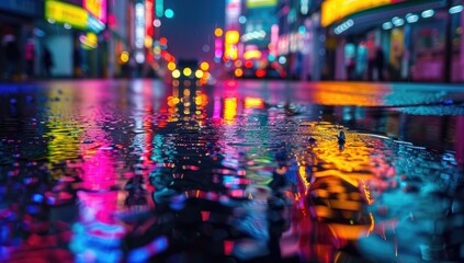 Urban glow reflected in wet pavement at night. Busy blurred city lights background