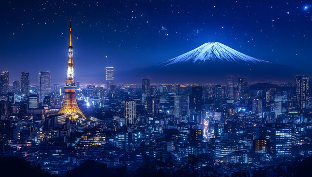 Tokyo city skyline at night with glowing Tokyo Tower and Mount Fuji in the background under a deep blue sky.