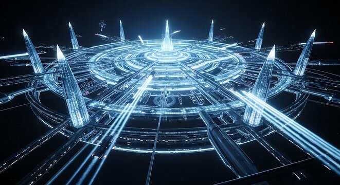 Futuristic Technology Hub - A Glowing Circular Platform with Energy Beams. - Powered by Adobe