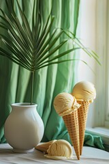 Vanilla ice cream cones near plant at window, dessert ad for summer food concept