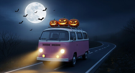 Pink vintage van driving at night, carrying jack-o'-lanterns on its roof, under a full moon and bats, depicting a Halloween road trip