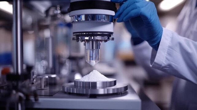 Scientist in blue gloves works with white powder in laboratory equipment.