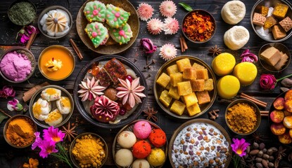 Variety Indian sweets arranged on table for Diwali, flowers decorations at backdrop