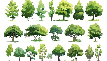 Various stylized trees, foliage collection, isolated on white. Design material