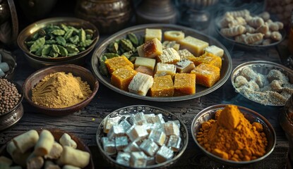 Various spices displayed on dishes with food ingredients in a rustic kitchen