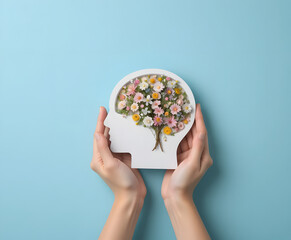 Two hands gently holding a paper cutout of a human head with an artistic brain made of blooming flowers inside. 