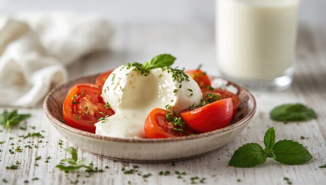 Creamy burrata cheese paired with fresh tomatoes and herbs in a classic salad