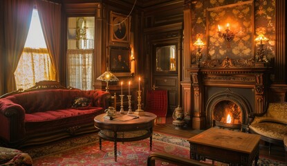 Victorian Living Room Ambiance Fireplace, Sofa, Candles; Interior design, background