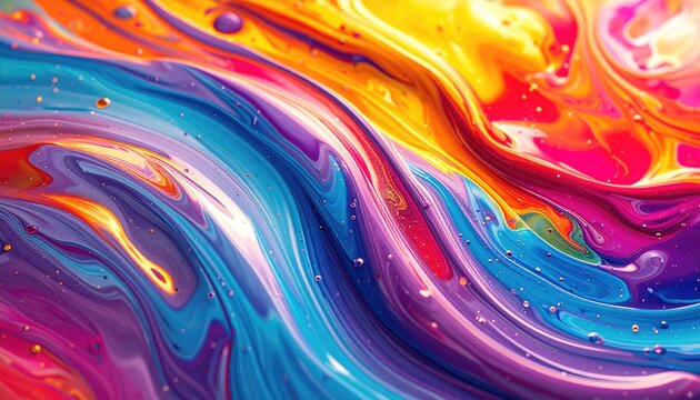 Vibrant mixed paints flow smoothly; colorful abstract background for creativity use