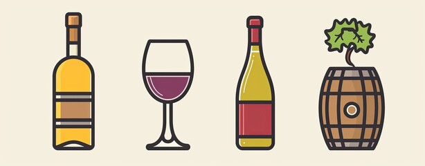 Vineyard beverages icons. Illustration for wine bar, sommelier or drink concept