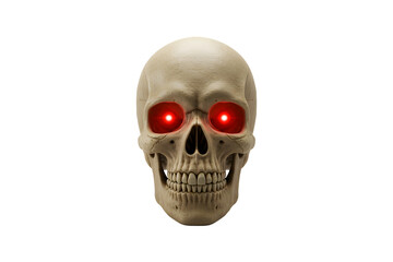 Obraz premium Halloween skull with glowing red eyes, placed on white background, dramatic lighting, realistic 3D render.