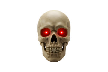  Halloween skull with glowing red eyes, placed on white background, dramatic lighting, realistic 3D render.