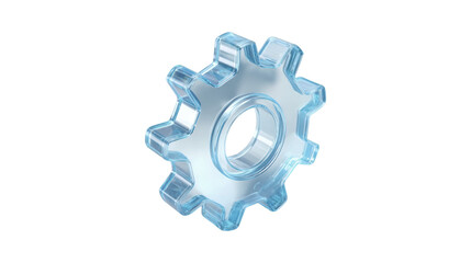 A single three dimensional gear icon made of clear blue glass is isolated against a transparent background representing settings or mechanics