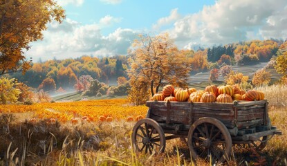 Wagon Filled with Pumpkins, Autumn Field Harvest with Trees Backdrop. Stock photo