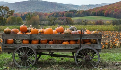 Wagon Full of Pumpkins in Field With Autumn Color Hills for Fall Promotion