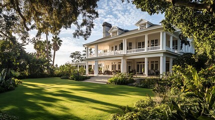 Obraz premium Luxury real estate home mansion with green lawn and tropical trees exterior architecture design view