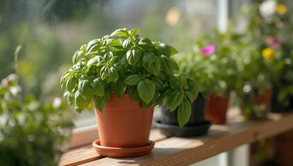 Homegrown basil plant in a container garden