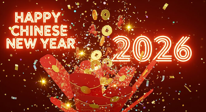 Happy Chinese New Year 2026 Celebration with Festive Decorations and Fireworks in a Red Background