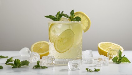 Refreshing summer beverage featuring lemons, mint, and ice displayed in a slider with selectable focus.