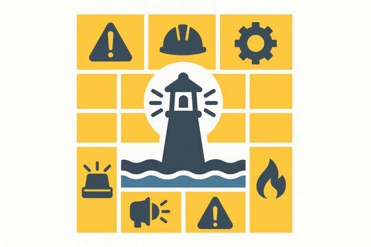 Alert symbols and safety icons surround a central lighthouse in a distinctive graphic representation emphasizing readiness resilience and readiness for emergencies in a corporate safety context