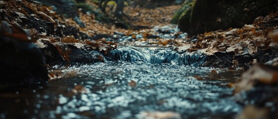 Autumn creek flowing through forest rocks and leaves