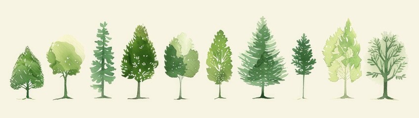 Watercolor Trees Illust., Variety, Background is Neutral, for Graphic Design Use